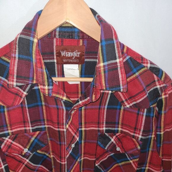 Wrangler Western Plaid Red Pearl Snap Long - Picture 3 of 8